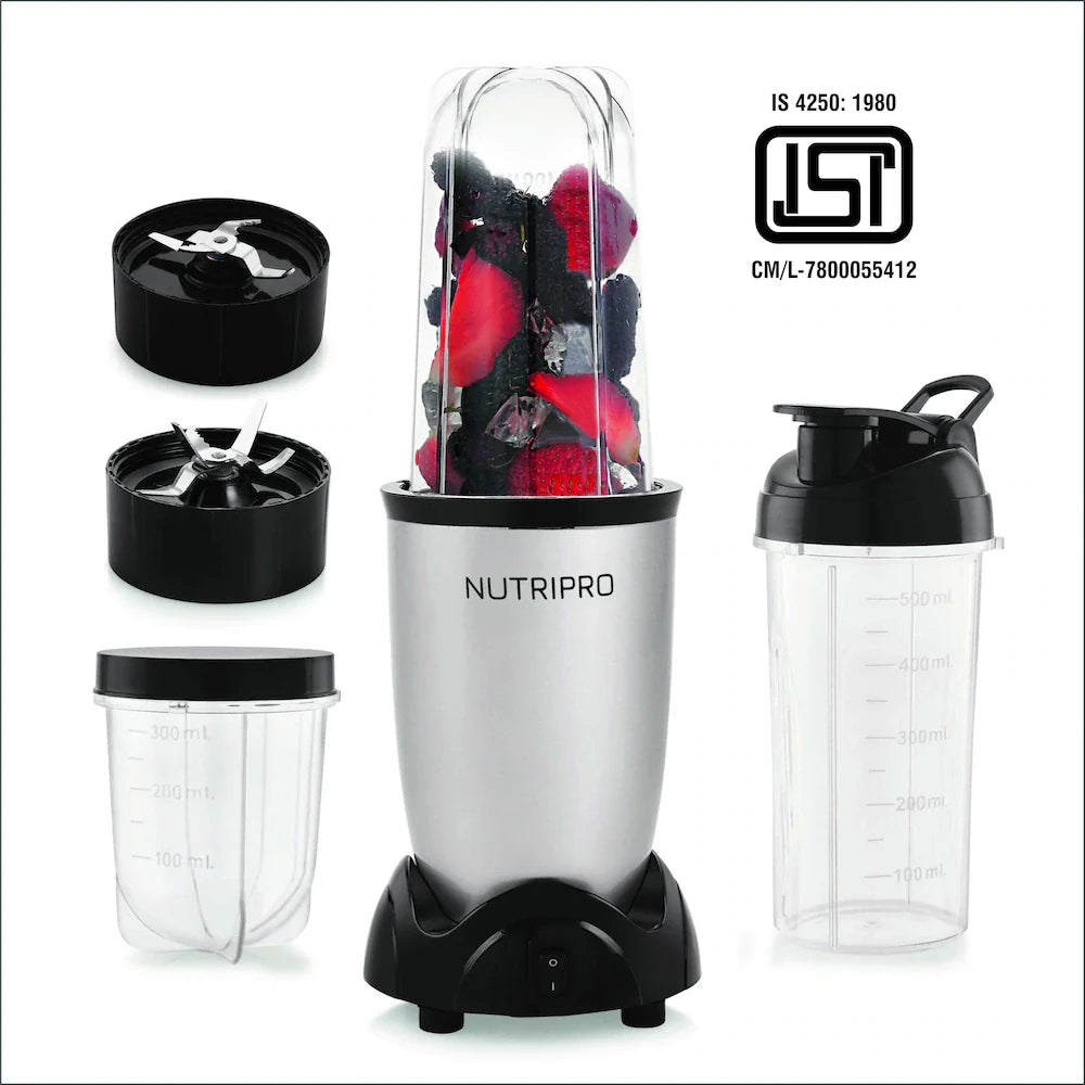 NutriPro Juicer Mixer Grinder - Smoothie Maker - 500 Watts (2 Jars & 1 Blade, Silver) - 2 Year Warranty
